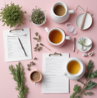 a cup of tea on a pink background with pdf checklists on the table. 