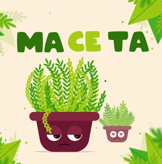 una caricatura de una planta con una cara triste y una planta al fondo