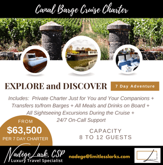 Canal Barge Cruise Charter, 8-11 pax limit, 7 day All Inclusive, From $63,500 per charter