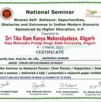 Certificate for paper presentation on Gender Equality and Self-reliance in India