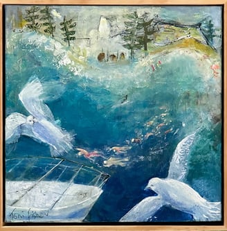 A painting shows seagulls flying above blue-green water with a boat in the foreground. A pod squad of swimmers in front of pi