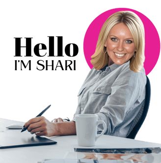 a woman sitting at a desk with a cup of coffee