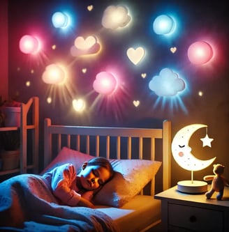 Lampe de chevet diffusant une lumière colorée magique, accompagnée de symboles oniriques, dans une chambre d’enfant.
