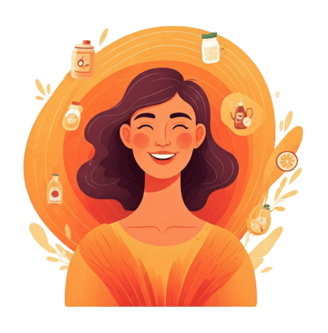 a woman with a smile on her face with probiotic drinks around her illustrating their benefits