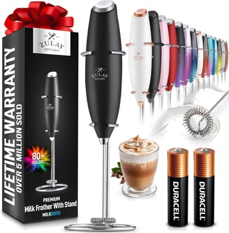 Handheld electric milk frother for creamy lattes, cappuccinos, and matcha at home.