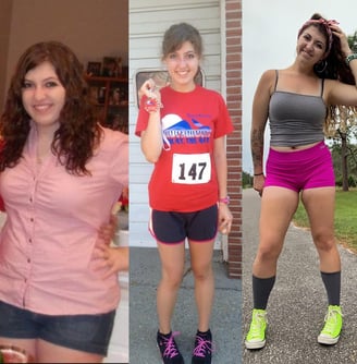 A collage of Rebecca through different stages of her life, detailing how she overcame obesity