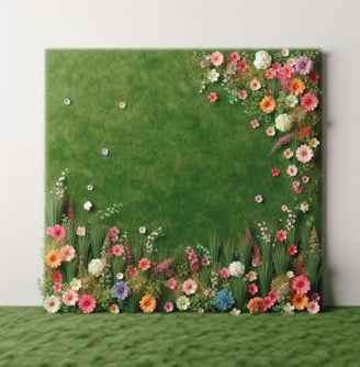 a green grass covered with flowers and butterflies