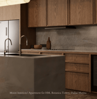Contemporary kitchen with a sleek sink and subtle textures.