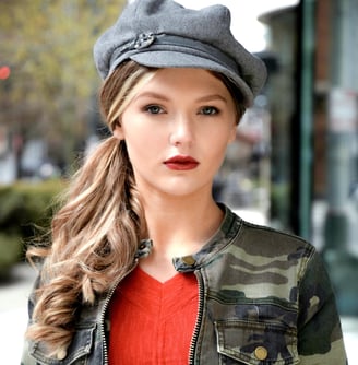 Headshot of model with hat