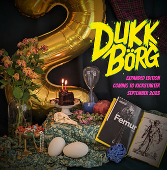 Promo image announcing the 2023 DUKK BÖRG Kickstarter. The style is reminiscent of dutch still life.