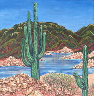 First Acrylic painting of two Saguaro Cactus at Bartlett lake Arizona