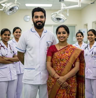 A group of medical staff, consisting of doctors and nurses, standing in a hospital, showcasing teamw