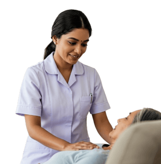 An elderly woman sits in a chair while a nurse offers her assistance, showcasing a caring healthcar