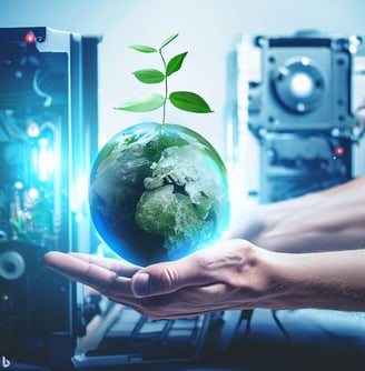 a person holding a green globe in their hands with computers on the background