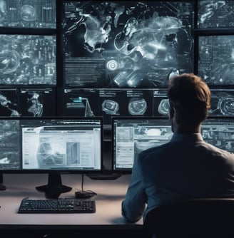 a man sitting at a desk with multiple monitors and multiple monitors