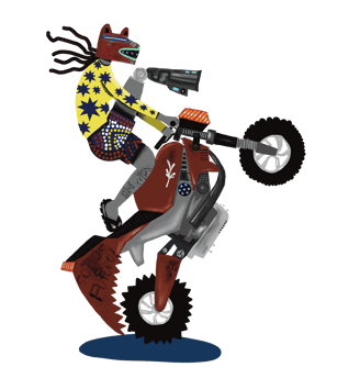 Ilustração feita pelo artista @afrog.art de uma pessoa fantasia de la ursa pilotando uma moto.