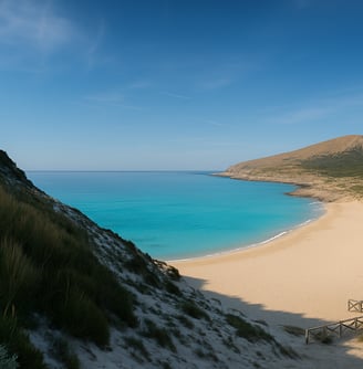 Veduta panoramica ultra-realistica di Cala Mesquida a Maiorca, ripresa da una collina con vista sulla spiaggia dorata, le dun