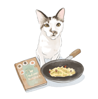 a cat sitting on a table with a book and pan