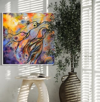 An abstract fluid painting of birds in flight by verawalton.com