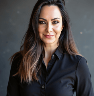 Beautiful middle eastern woman with long brown hair and a black button down shirt. Her name is LVF.