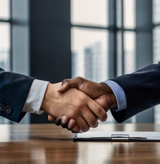 Professional handshake finalizing a successful manufacturing partnership agreement after Weldina's vetting.