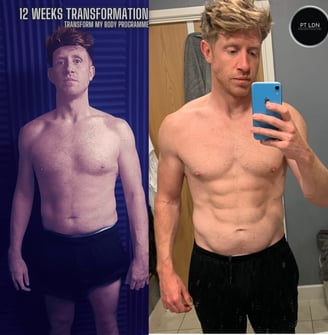 A before and after gym body transformation of a man in his 30s with his top off and more muscle