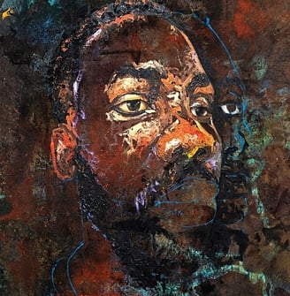 I can hear my scars in the dark, Acrylic and mixed media on denim, 2024,178x150cm(Evans Torngmortey)