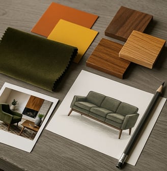 Mood board for custom Mid-Century sofa including sketches, fabrics, and color samples