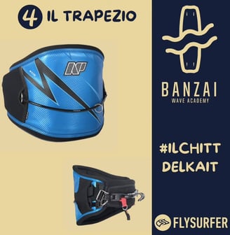 un classico trapezio a fascia per la connessione ad una vela da kitesurf