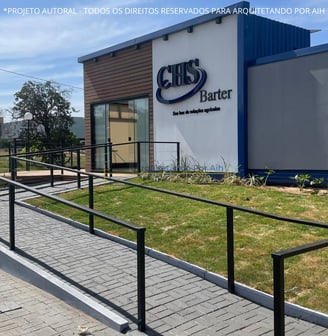 ESCRITÓRIO CONTAINER VISTA FRONTAL COM RAMPA DE ACESSIBILIDADE E LOGO