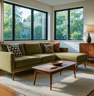 Mid-Century Modern living room with mustard sofa, chaise, walnut furniture, and large sunlit windows