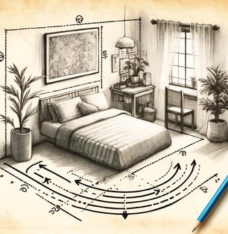 hand drawn sketch diagram showing the flow of Chi, or energy, in a bedroom