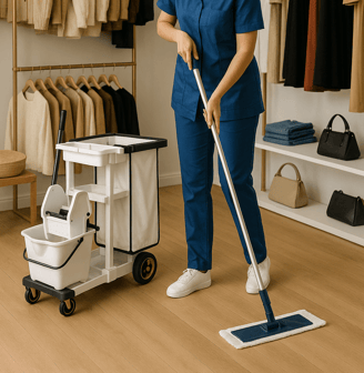 professional cleaner during retail cleaning service
