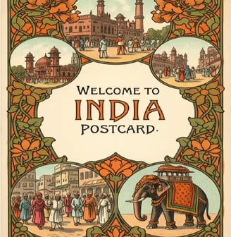 "Vintage Art Nouveau postcard, Welcome to India, with Taj Mahal, palaces, and elephant vignettes