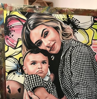 Uma obra de arte Pop-Art inspirada no amor de uma mãe, com cores e temas florais.