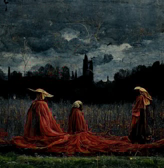 digital oil painting of cloaked figures in a field, overcast clouds
