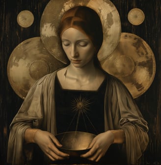 digital oil portrait of a woman with bronze discs Nebra