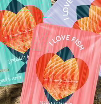 fish packaging picture, pink, green and violet color
