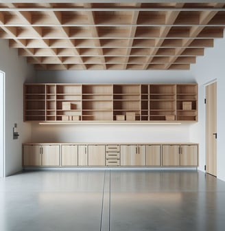 a garage with Custom shelving and storage