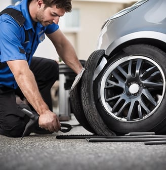 a tyre mechanic fixing a tyre on a car