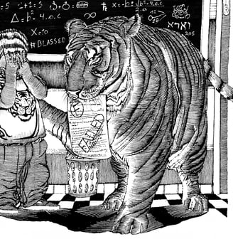 tiger evaluating a boy who has just failed in gymnasium, drawn in a traditional way.