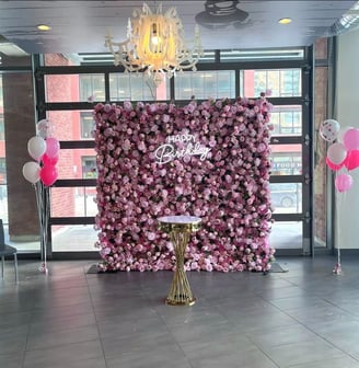 pink rose flower wall for a birthday celebration downtown Toronto