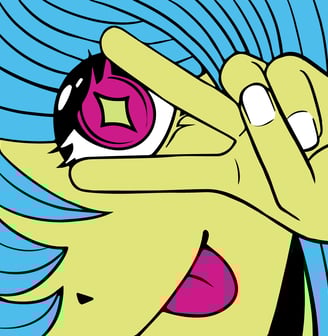 a cartoonish looking woman with blue hair and a pink eye