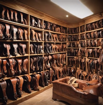 a room with a lot of saddles and saddles
