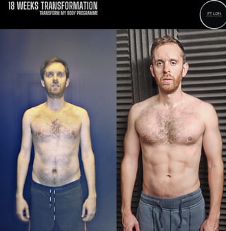 A before and after gym body transformation of a man in his 30s with his top off and a bigger chest
