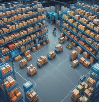 Yapay zeka destekli alokasyon sistemleriyle optimize edilen modern bir depo ve otonom taşıma araçlar
