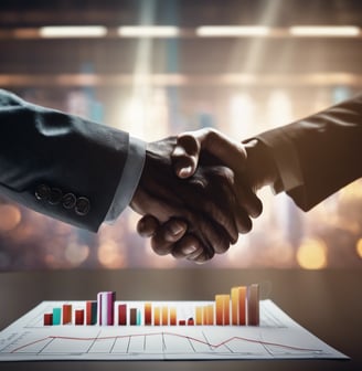 two hands shaking hands with a chart of graphs