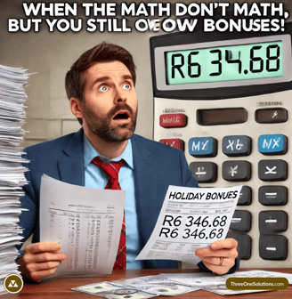 A humorous meme about calculating holiday bonuses for employees, highlighting common scenarios