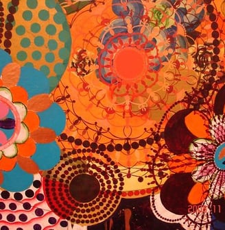 Quadro de Milhazes combinando barroco e modernismo com motivos florais.