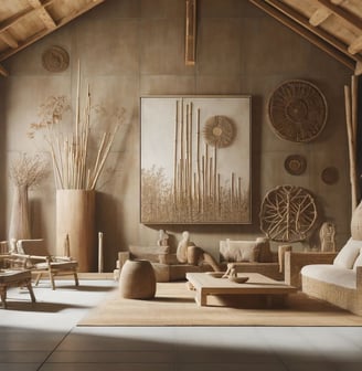 Casa rústica brasileira com decoração natural, paredes em cimento queimado, uma escultura de bambu